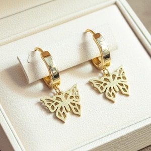 Gold Butterfly Hoop earrings, 16mm Hoop Drop - - LadybugfeetDesigns -