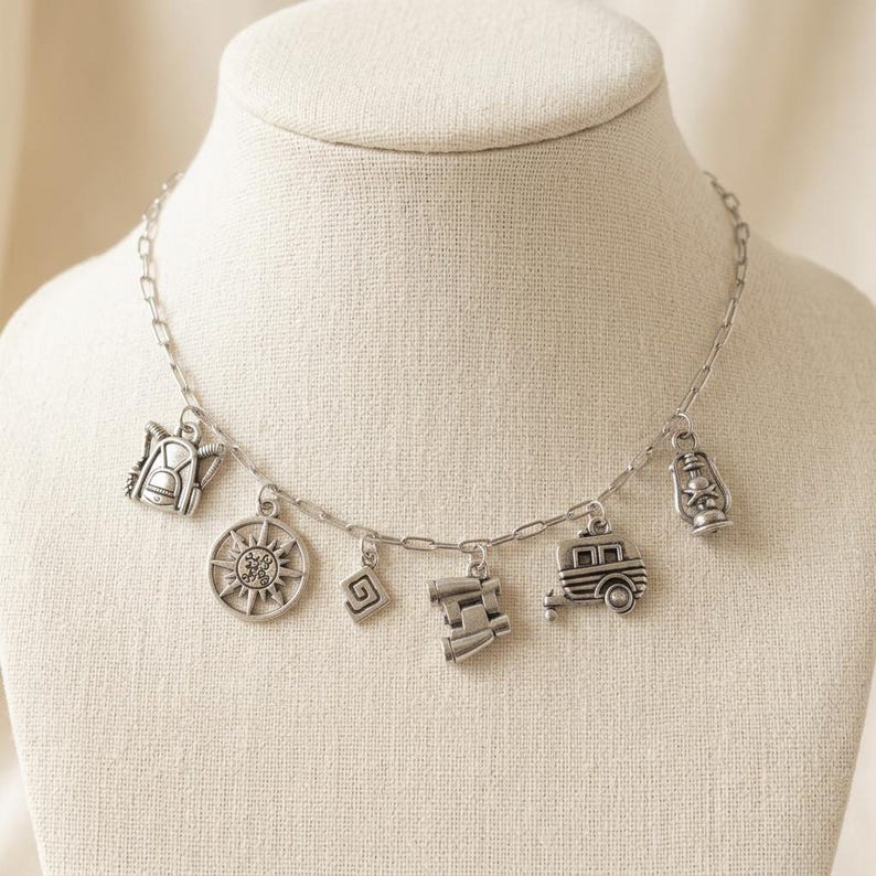 Happy Camper Multi Charm Link Necklace, Silver - 20 inch - - LadybugfeetDesigns -