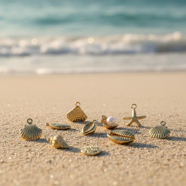 Beach Shells Charm Box - 9 pc., Gold - - LadybugfeetDesigns -