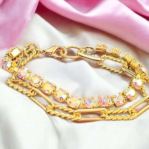 Gold Paperclip Layered Faceted Crystal Bracelet - - LadybugfeetDesigns -