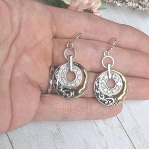 Two Tone Circle Filigree Rhinestone Dangle Earrings - - LadybugfeetDesigns -
