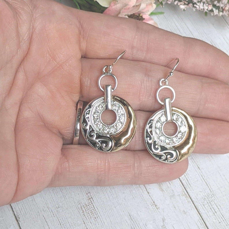 Two Tone Circle Filigree Rhinestone Dangle Earrings - - LadybugfeetDesigns -