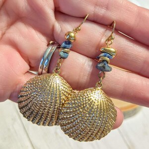 Sea Shell beaded dangle earrings, gold - - LadybugfeetDesigns -