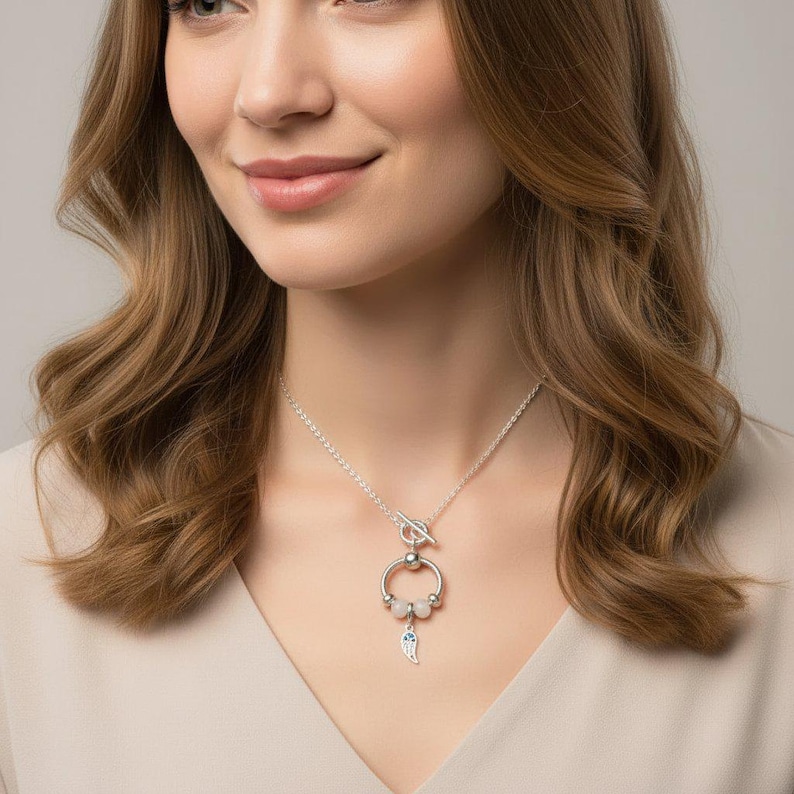 Angel Wing Sterling Silver Toggle Charm Necklace, 20 inches - - LadybugfeetDesigns -