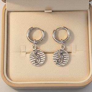 Seahorse Disc Hoop Huggie Earrings, Silver - 12mm - - LadybugfeetDesigns -