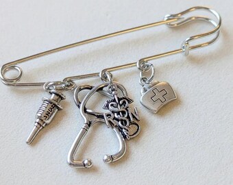 RN - Registered Nurse Safety Pin Brooch, Purse Charm