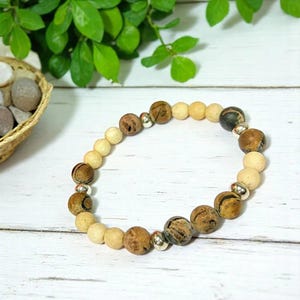 Cream Lava and Wood Bead Unisex Stretch bracelet - - LadybugfeetDesigns -