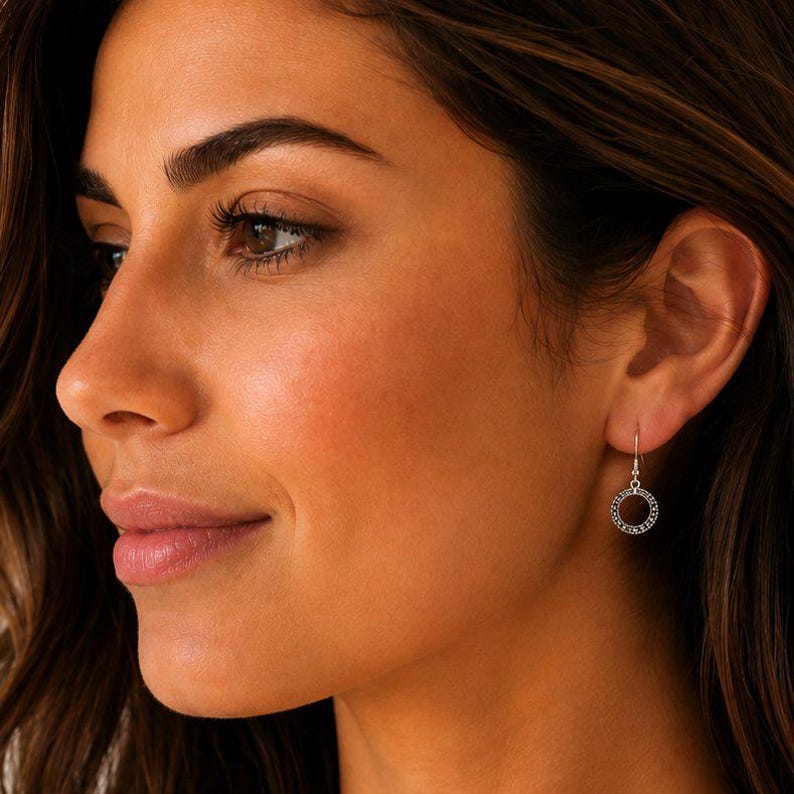 Open Circle Diamond Cut Sterling Dangle earrings - - LadybugfeetDesigns -