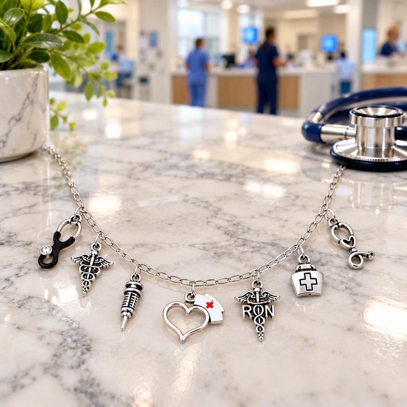 Nursing Multi Charm Link Necklace, Silver - 20 inch - - LadybugfeetDesigns -