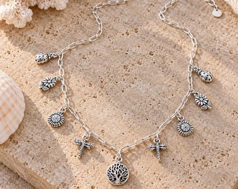 Nature Lover Multi Charm Link Necklace, .925 Sterling Silver - 20 inch