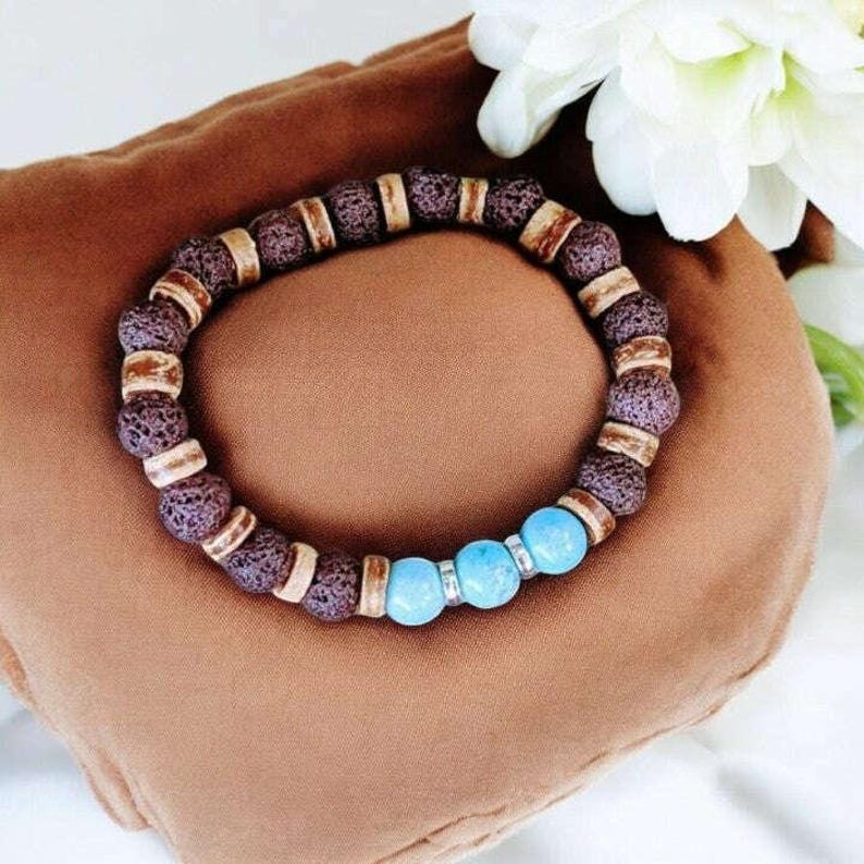 Turquoise Gemstone Lava Bead Stretch bracelet-December Birthstone - - LadybugfeetDesigns -