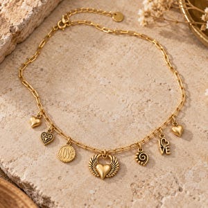 All the Love Multi Charm Link Necklace, Gold- 20 inch - - LadybugfeetDesigns -