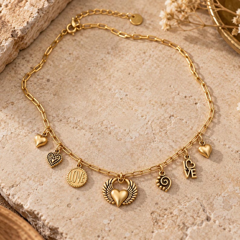 All the Love Multi Charm Link Necklace, Gold- 20 inch - - LadybugfeetDesigns -