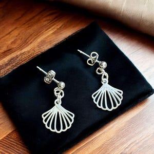 Sea Scallop Charm Drop Stud Earrings-Silver - - LadybugfeetDesigns -