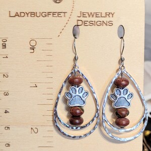 Dog/Cat Paw Print Red Bead Hammered Teardrop Hook Earrings, Silver - - LadybugfeetDesigns -
