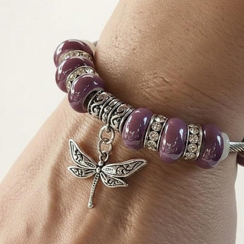 Lavender Beaded Dragonfly Euro Cuff Bangle, European Charm Bracelet - - LadybugfeetDesigns -