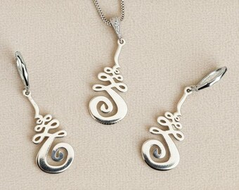 Unalome Earring/Necklace Set, Silver - Adjustable