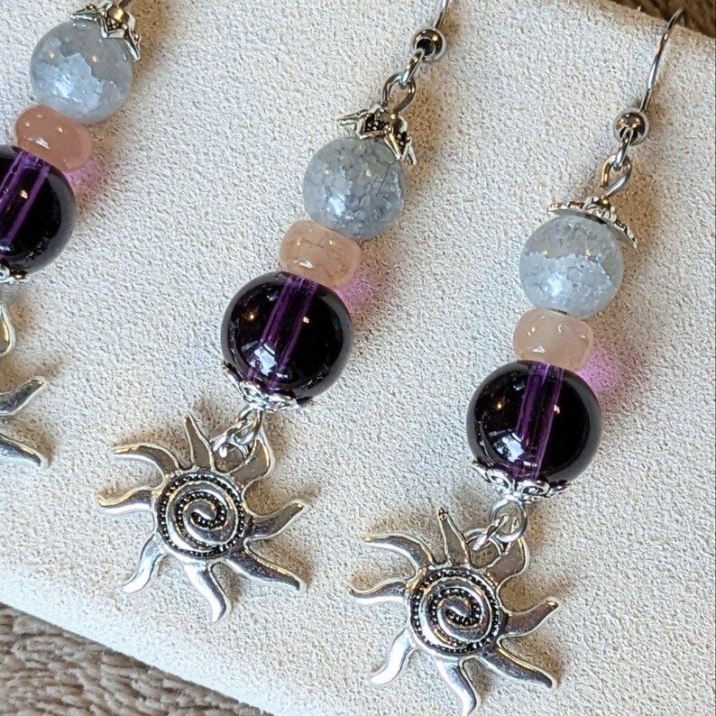 Celestial Sun Beaded Hook Earrings, Silver - - LadybugfeetDesigns -