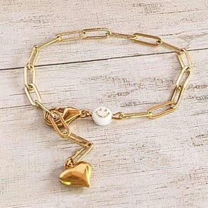 Gold Smiley Stainless Steel Paperclip Chain Bracelet - - LadybugfeetDesigns -