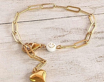Smiley Paperclip Chain Bracelet, Gold