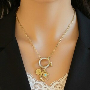 Opal Sun, Crescent Moon and Heart Shackle Clasp Carabiner Necklace, Gold - Adjusts up to 20 inches - - LadybugfeetDesigns -