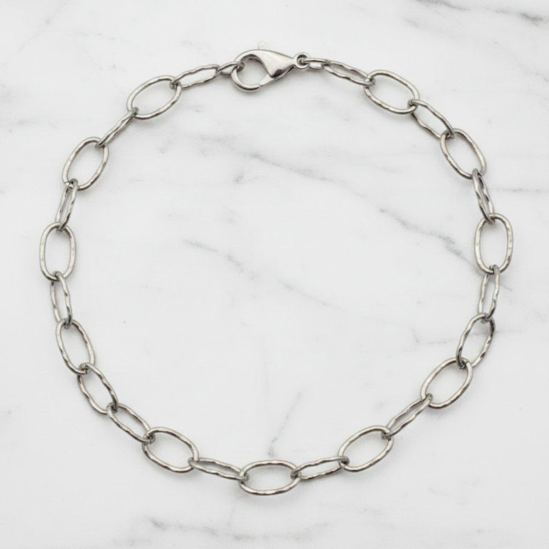 Silver Hammered Oval Link Charm Bracelet Base - D.i.y. - Build Your Charm Bracelet! - - LadybugfeetDesigns -