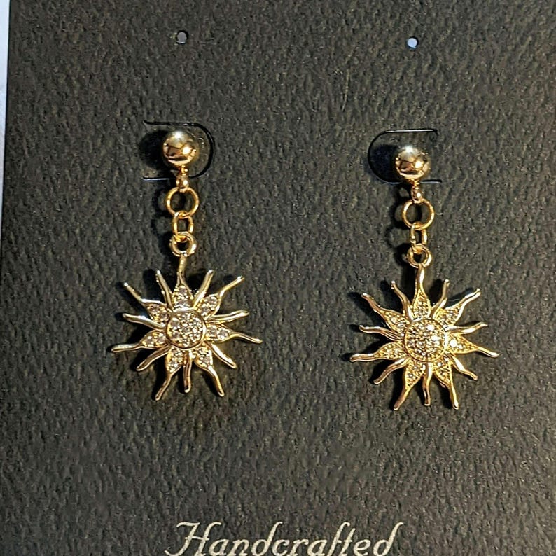 Fiery Sun Charm Drop Stud Earrings-Gold - - LadybugfeetDesigns -