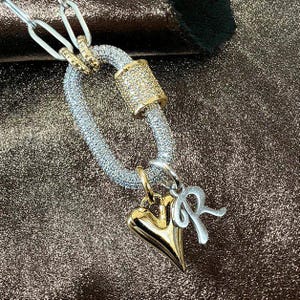 Silver Initial Heart Carabiner Necklace - 20 inch - - LadybugfeetDesigns -