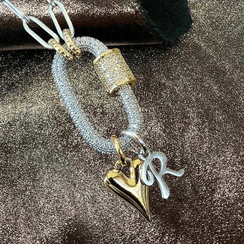 Silver Initial Heart Carabiner Necklace - 20 inch - - LadybugfeetDesigns -