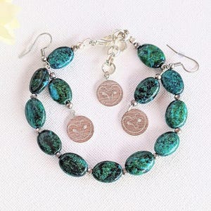 African Turquoise Jasper Owl Bracelet/Earring Set - - LadybugfeetDesigns -