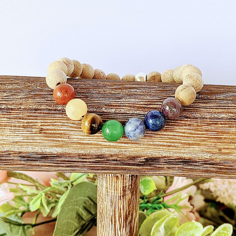 Sandalwood Chakra Bead Diffuser Bracelet, Energy & Balance - - LadybugfeetDesigns -