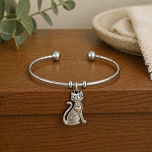 Cute Cat Euro Bangle Cuff, Silver - - LadybugfeetDesigns -