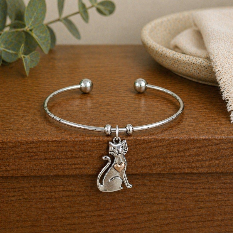 Cute Cat Euro Bangle Cuff, Silver - - LadybugfeetDesigns -