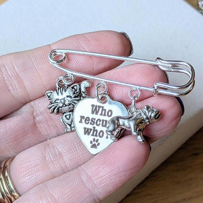 Who Rescued Who? Safety Pin Brooch, Purse Charm - - LadybugfeetDesigns -
