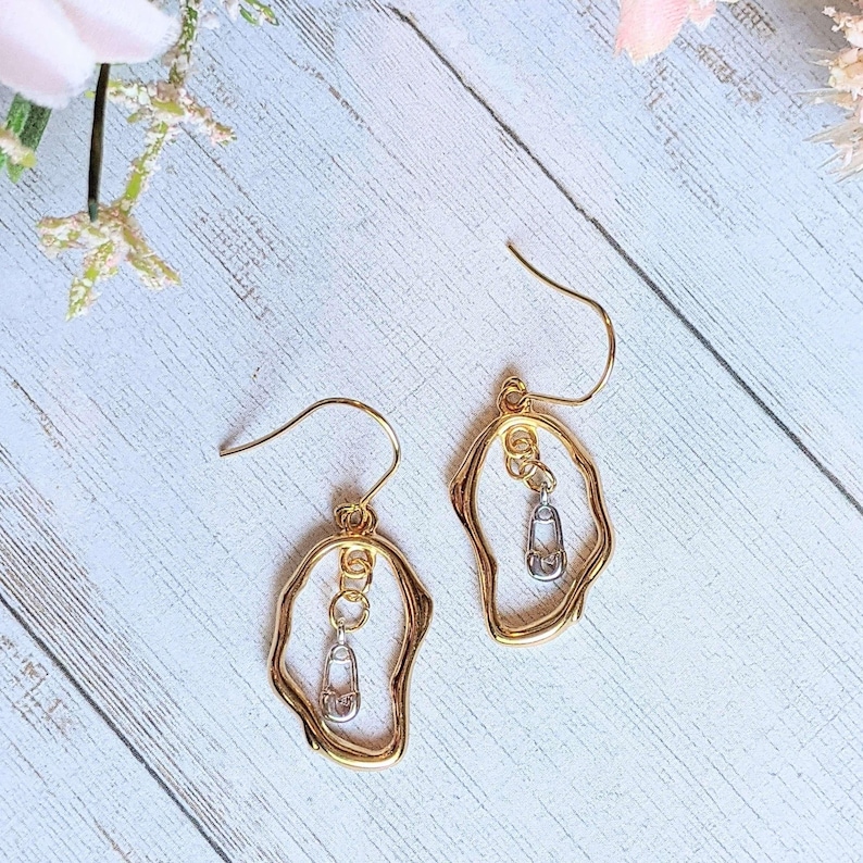 Safety Pin dangle earrings, Two-Tone - - LadybugfeetDesigns -