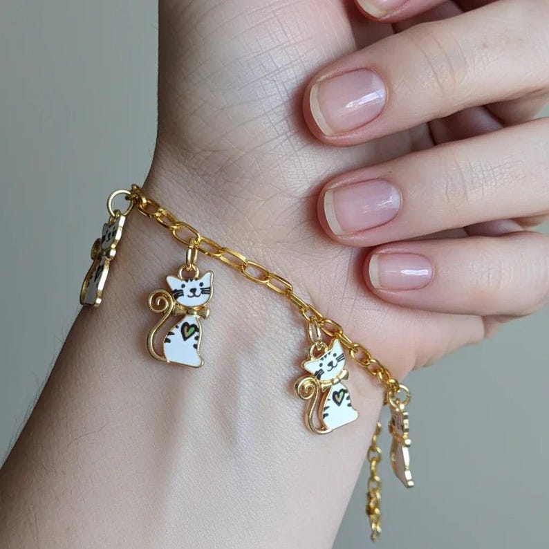 Kitty Cat Charm Bracelet, Gold-Tone - - LadybugfeetDesigns -
