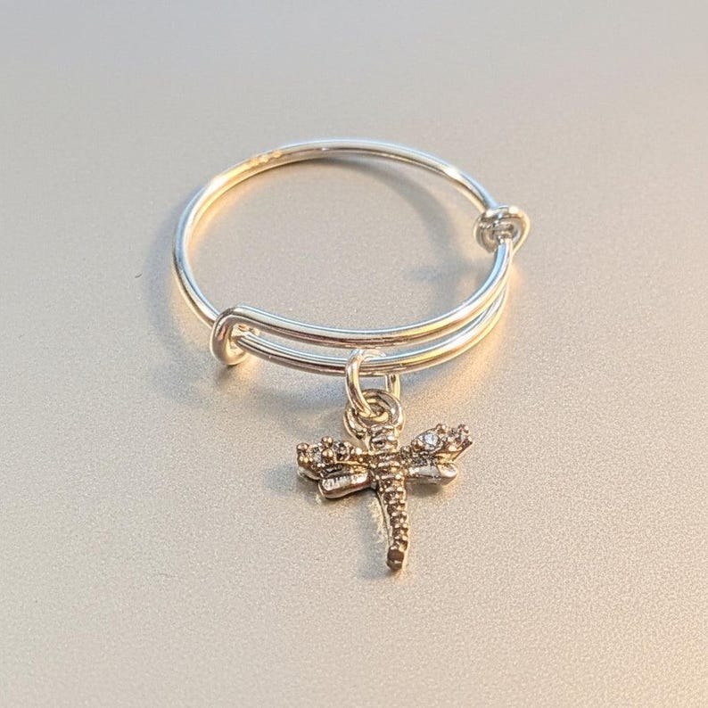 Tiny Dragonfly Adjustable Charm Ring, Silver - - LadybugfeetDesigns -