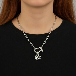 Celestial Moon CZ Star Shackle Clasp Carabiner Necklace, Silver - 20 inch - - LadybugfeetDesigns -
