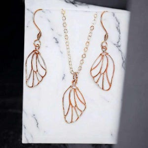 Butterfly/Fairy Wing Rose Gold necklace/earrings set, 18 inch - - LadybugfeetDesigns -