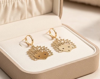 Hedgehog Hoop Charm Earrings, Gold -15mm