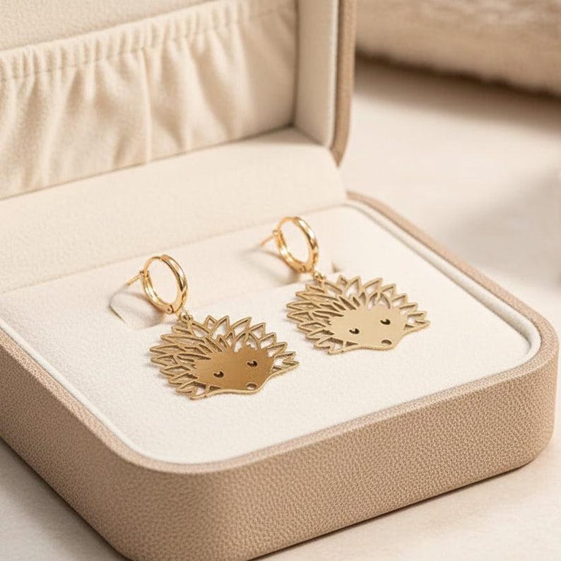 Hedgehog Hoop Charm Earrings, Gold -15mm - - LadybugfeetDesigns -