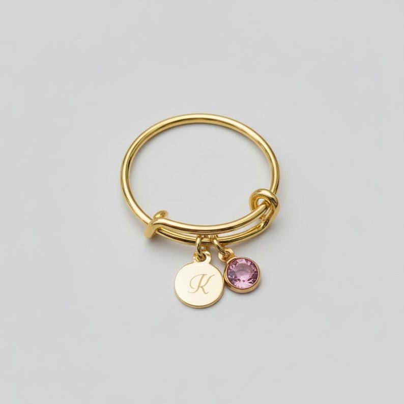 Gold Expandable Initial & Birthstone Charm Ring,Gift for her - - LadybugfeetDesigns -