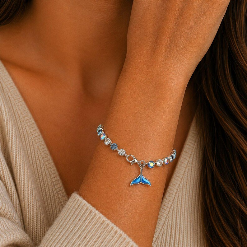 Whale/Dolphin Tail Faceted Crystal Bracelet, Silver - - LadybugfeetDesigns -