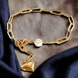 Gold Smiley Stainless Steel Paperclip Chain Bracelet - - LadybugfeetDesigns -