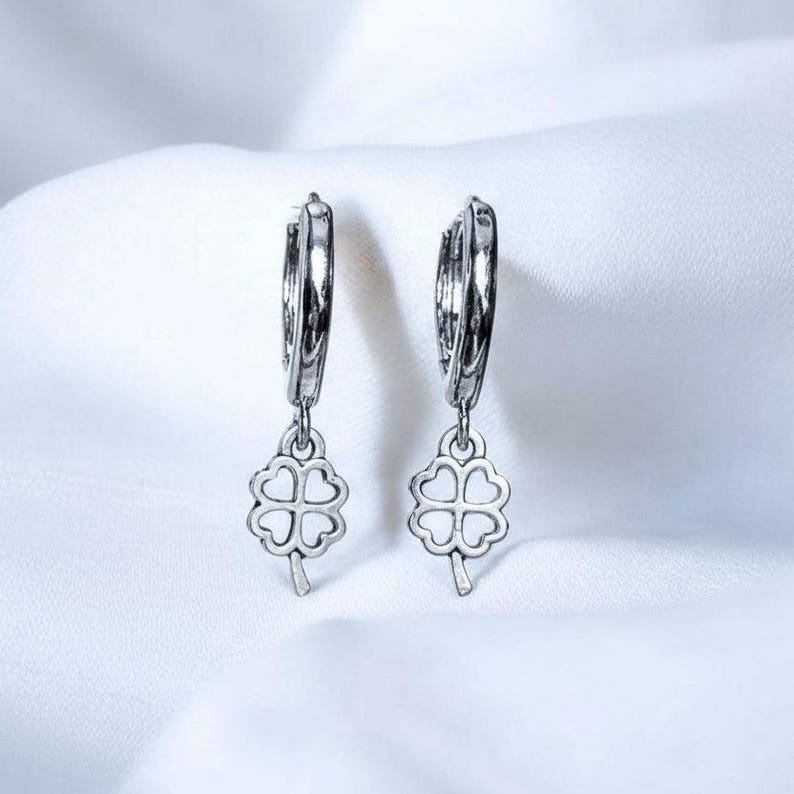 Silver 4 Leaf Clover Huggie Hoop earrings, 15mm Hoop Drop - - LadybugfeetDesigns -