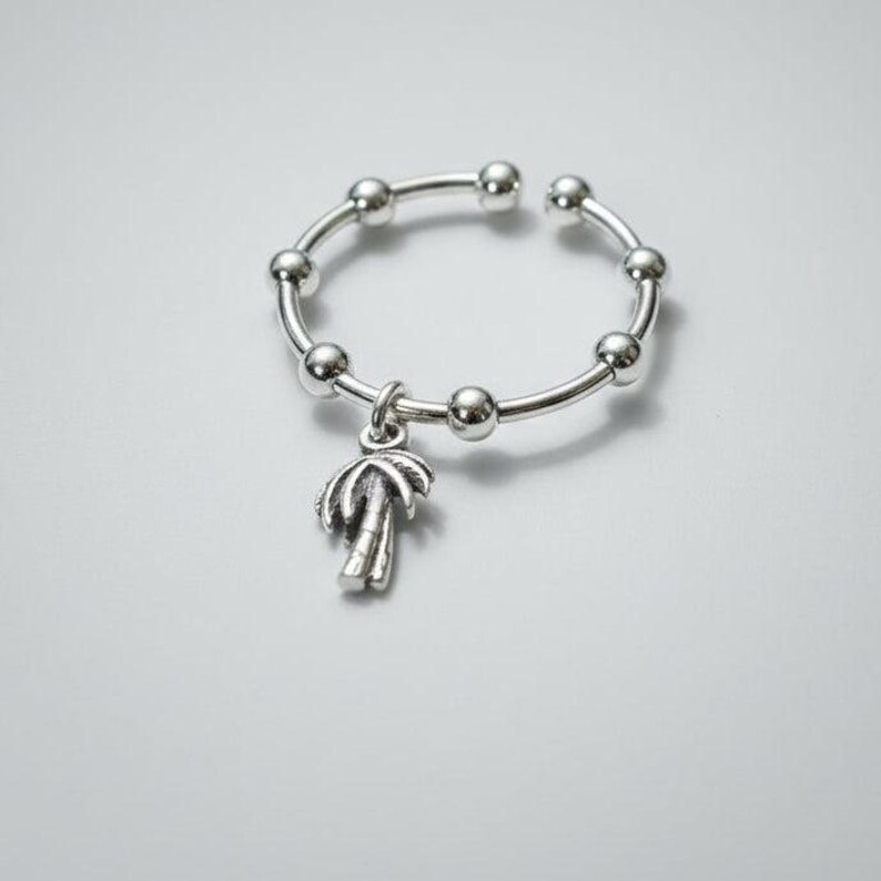 Sterling Silver Palm Tree Adjustable Charm Ring - - LadybugfeetDesigns -