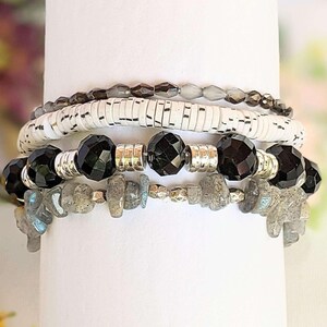 Salt and Pepper Stretch Bracelet Stack - - LadybugfeetDesigns -