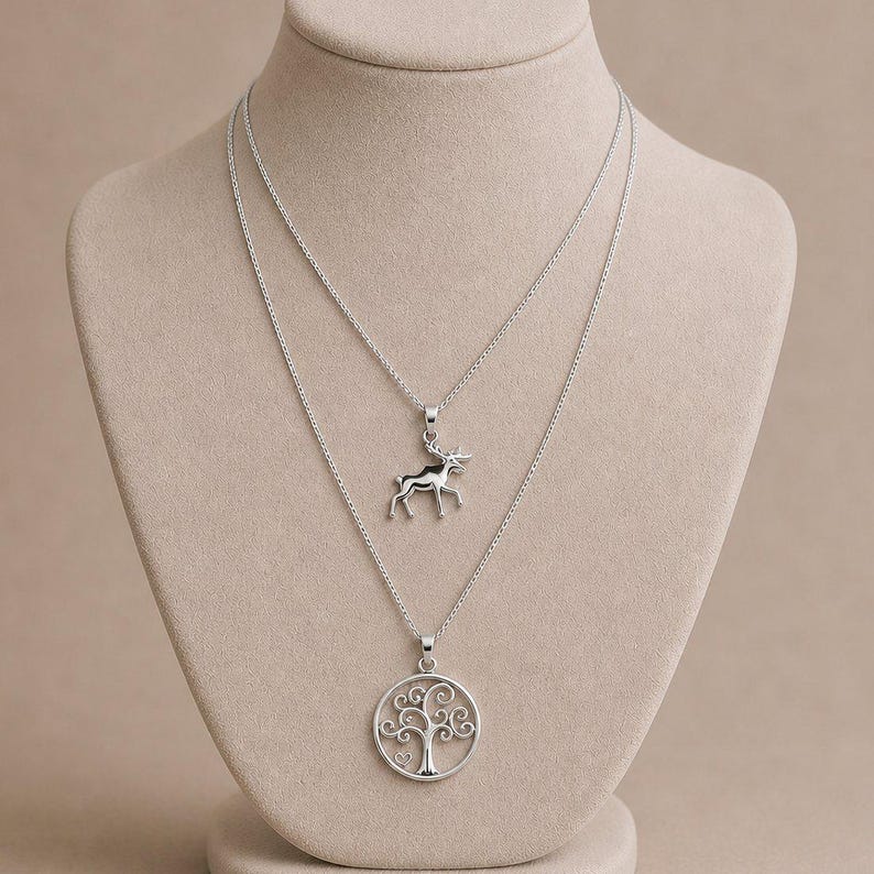 Moose & Tree of Life Necklace Set, Silver - - LadybugfeetDesigns -