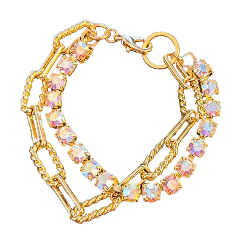 Gold Paperclip Layered Faceted Crystal Bracelet - - LadybugfeetDesigns -