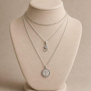 CZ Flower/Dragonfly Cross Layered Necklace Set, Silver - - LadybugfeetDesigns -